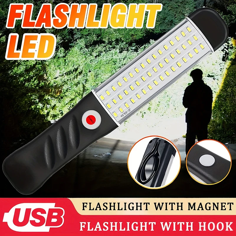 Portable Magnetic Auto Repair Work Light USB Rechargeable LED Flashlight With Magnet Hook For Car Repair Fishing Emergencies