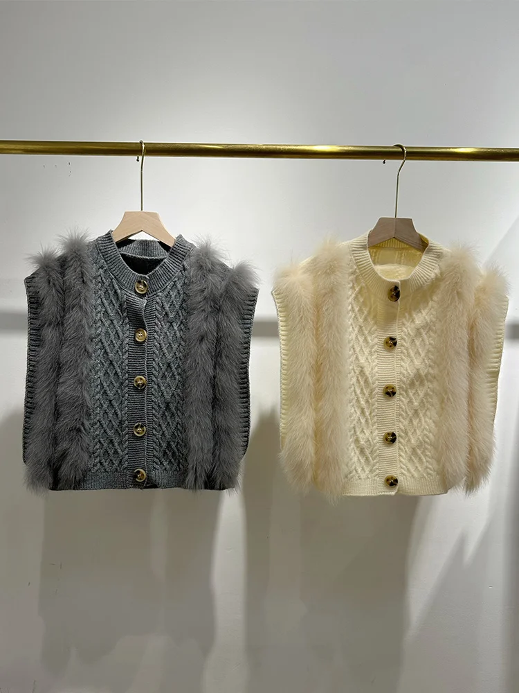 New Autumn Women Warm Fox Fur Sweater Knitted Cardigan Vest Women Waistcoat Femeale Luxury Coat