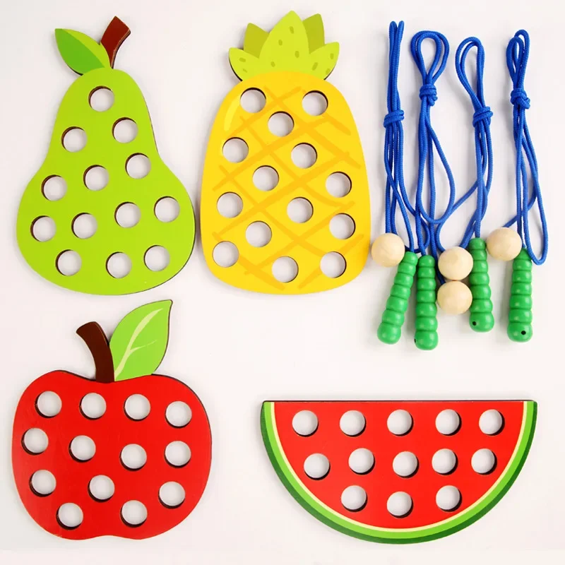 Wooden Lacing Toy Educational Fruits Threading Activity Puzzles Learning Fine Motor Skill Car Travel Toy Set for Toddlers Kids