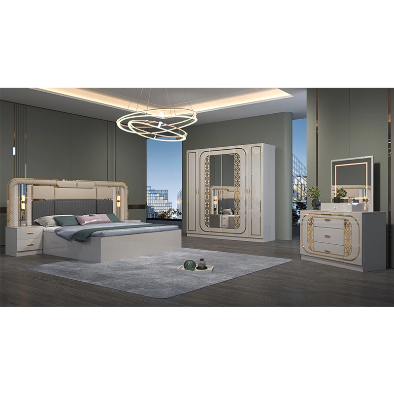 &High Quality Queen Size Double Wooden Bed Set Wooden Frame Modern Luxury Full Home Mdf King Bedroom Furniture Set