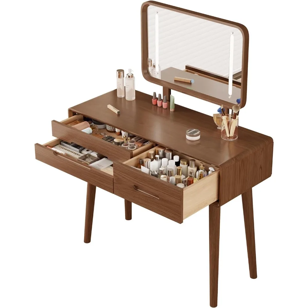 

Soild Wood Makeup Vanity Desk with Light Mirror, Vanity Desk Wood 3 LED Lighting Modes Adjustable,Make up table
