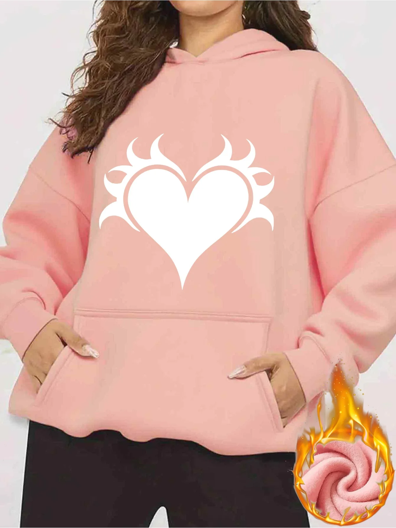 2025 Autumn and Winter Women's Flame Heart Print White Hoodie Pullover Casual Sports Print Fashion Personality Vintage Y2K Top