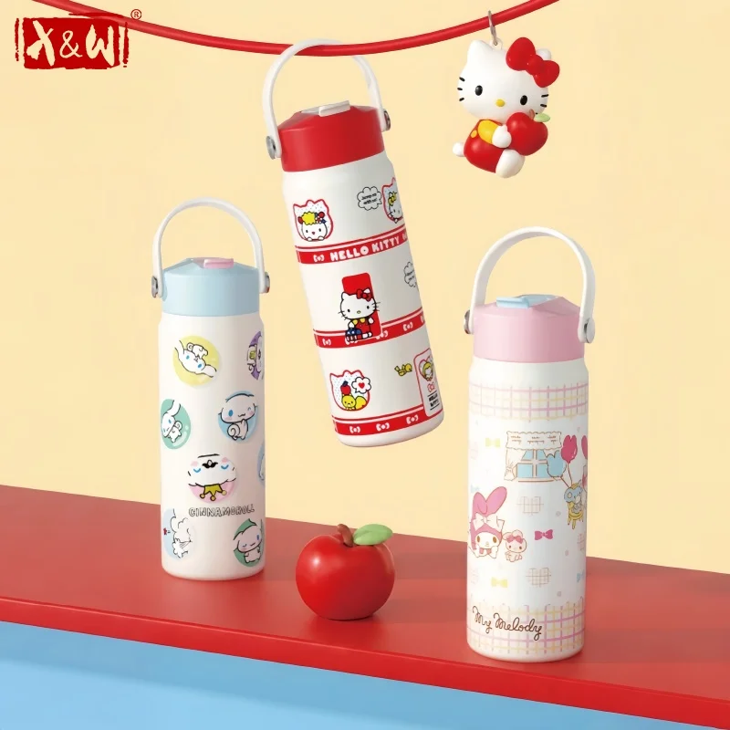 X&W Sanrio Students's Thermos Bottles Cartoon Hello Kitty Handheld Straw Cup 316 Stainless Steel Summer Ice Bucket Cup for Gifts