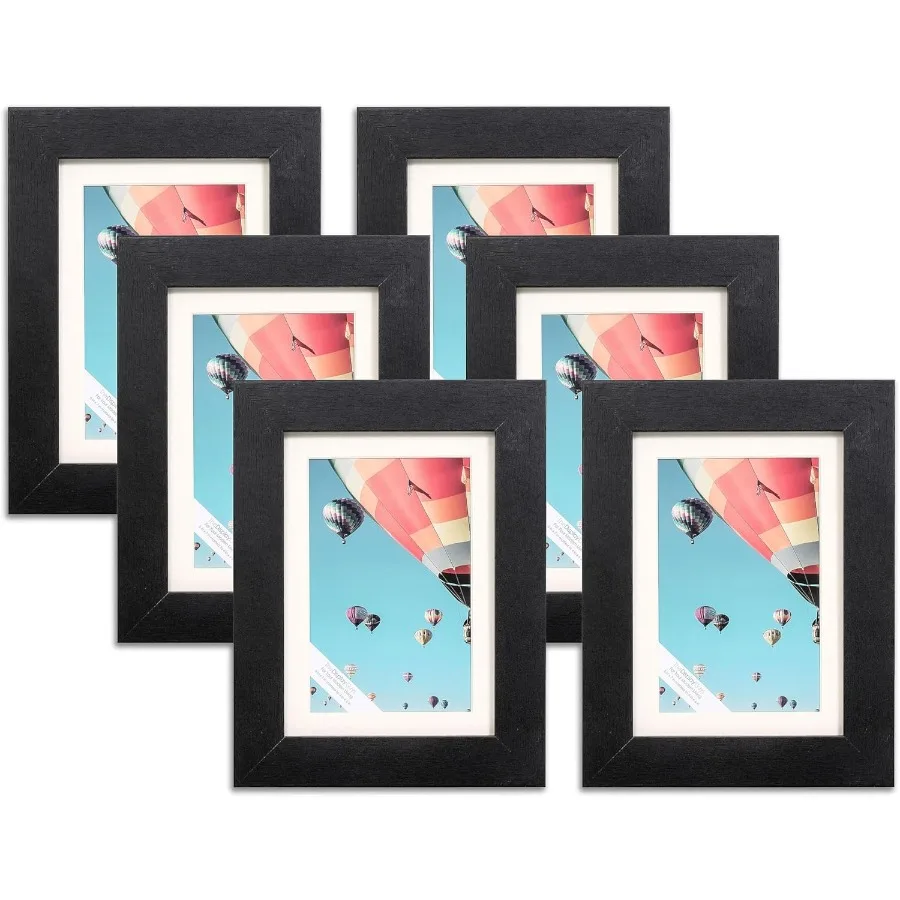 

The Display Guys Black Wooden Minimalist Picture Frames Set Tempered Glass 5x7 matted to 4x6 Tabletop Easel 6Pack