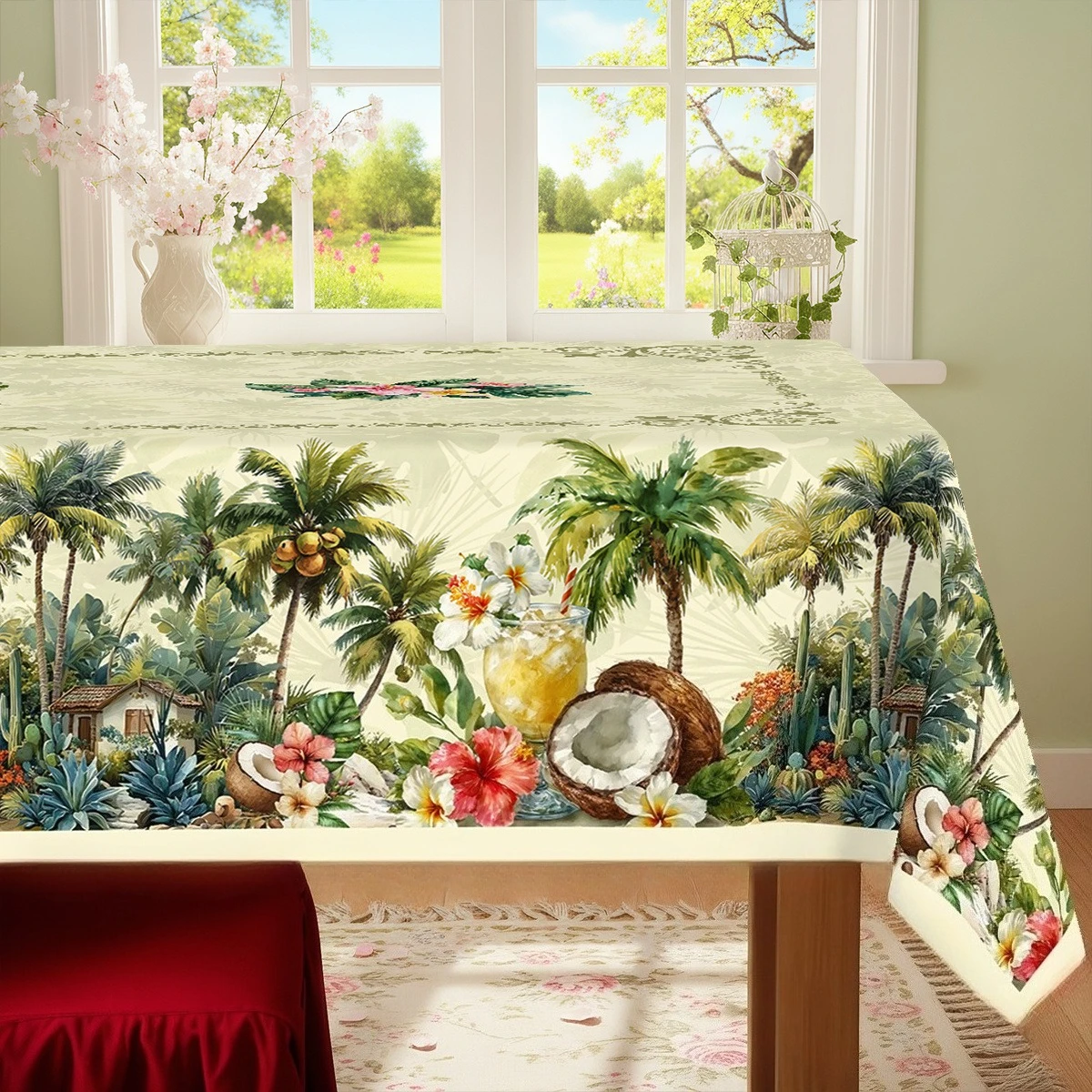 Summer Tropical Leaf Floral Print Tablecloth for Table Decor Hawaiian Palm Leaves Coconut Tree Plants Table Cloth Party Decor