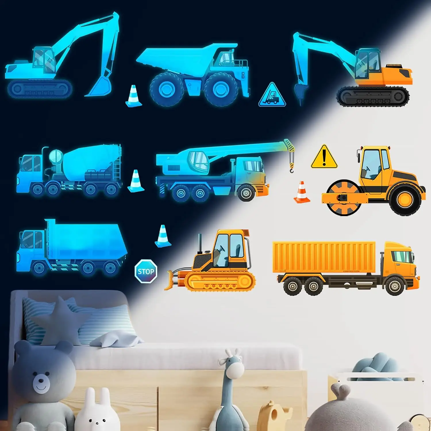 Construction Wall Decals Glow in The Dark Wall Stickers City Vehicles Car Wall Decal Luminous Truck Excavator Tractor Decals