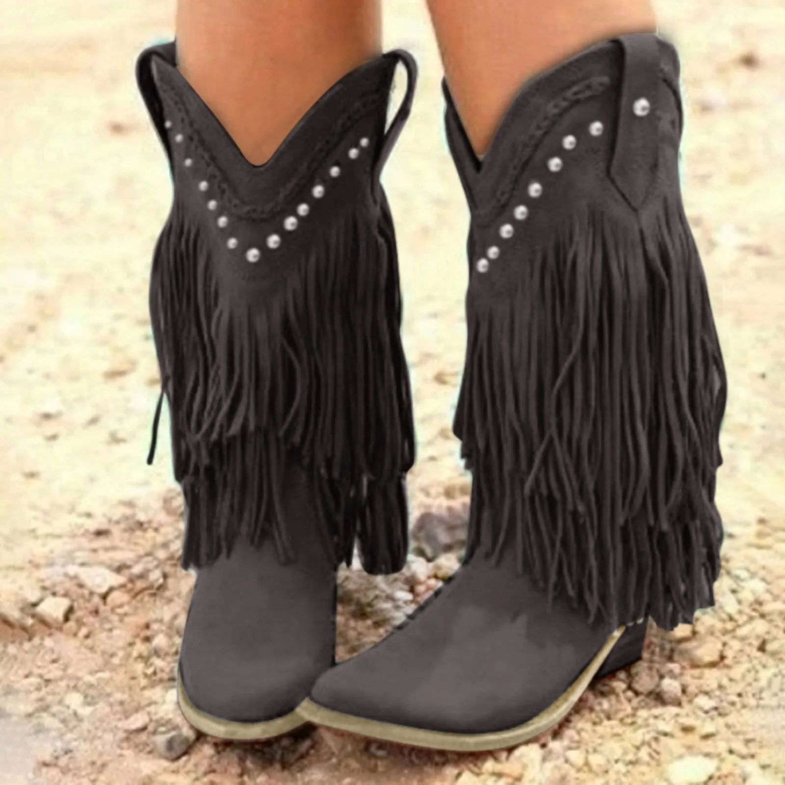 2024 Retro Rivet Tassels Long Boots Fringe Western Cowboy Boots Women Vintage Woman Chunky Heels Casual Boot Slip On Femal Shoes