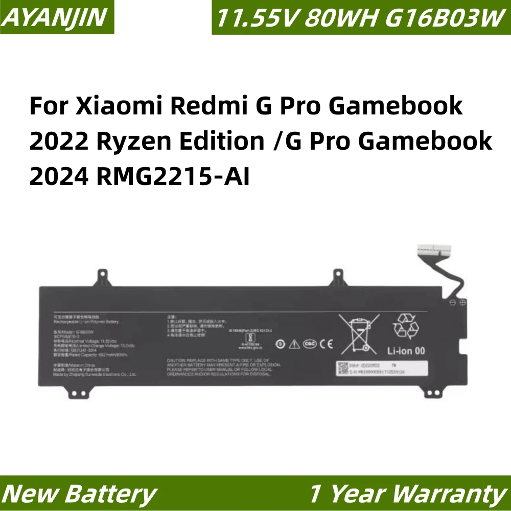 G16B03W 11.55V 80WH Laptop Battery For Xiaomi Redmi G Pro Gamebook 2022 Ryzen Edition /G Pro Gamebook 2024 RMG2215-AI