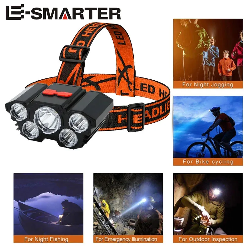 5LED Powerful Headlamp USB Rechargeable Self-defense Head Flashlight Outdoor Camping Fishing Adventure Headlight 4 Lighting Mode