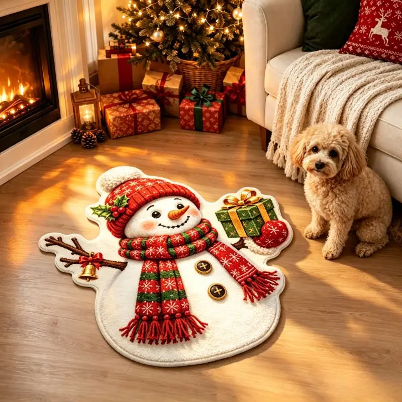 VIKAMA Cute Snowman Scarf Gift Bell Christmas Contour Rug Non Slip Fuzzy Bath Rug Bathroom Living Room Winter Decor Soft