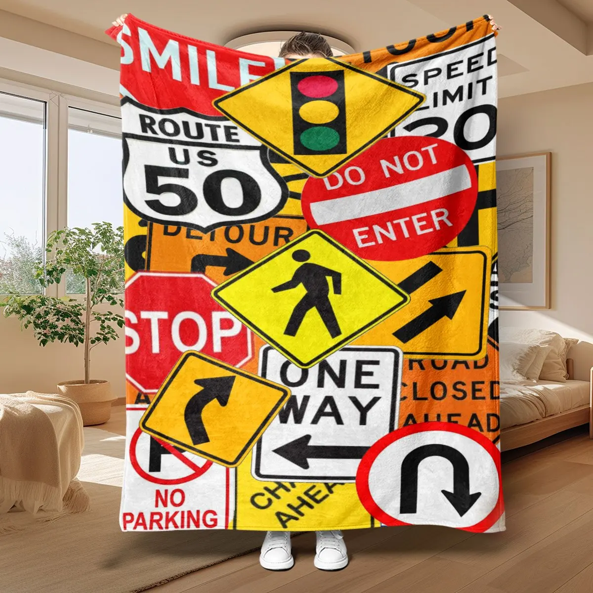 Giant Traffic Signs Theme Throw Blanket Sofa Bed Cover Novelty Road Sign Pattern Home Decor Gift