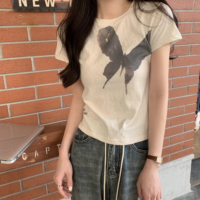 

Retro Korean Sle Slim Fit ort Sve round Ne T-irt Women's Faionable Print Top Commute Sle Summer Wear
