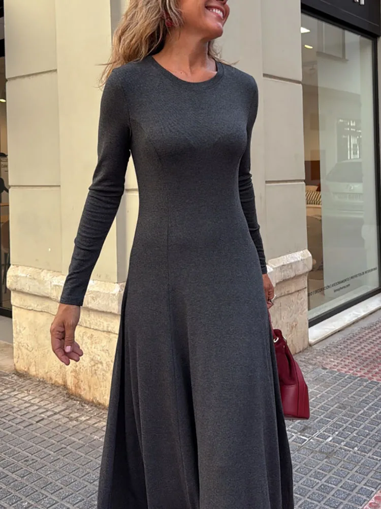Elegant Slim Fit Women Party Dress Autumn O-neck Long Sleeved Pleated Dress 2025 New Simple Solid Color High Waisted Robe Dress