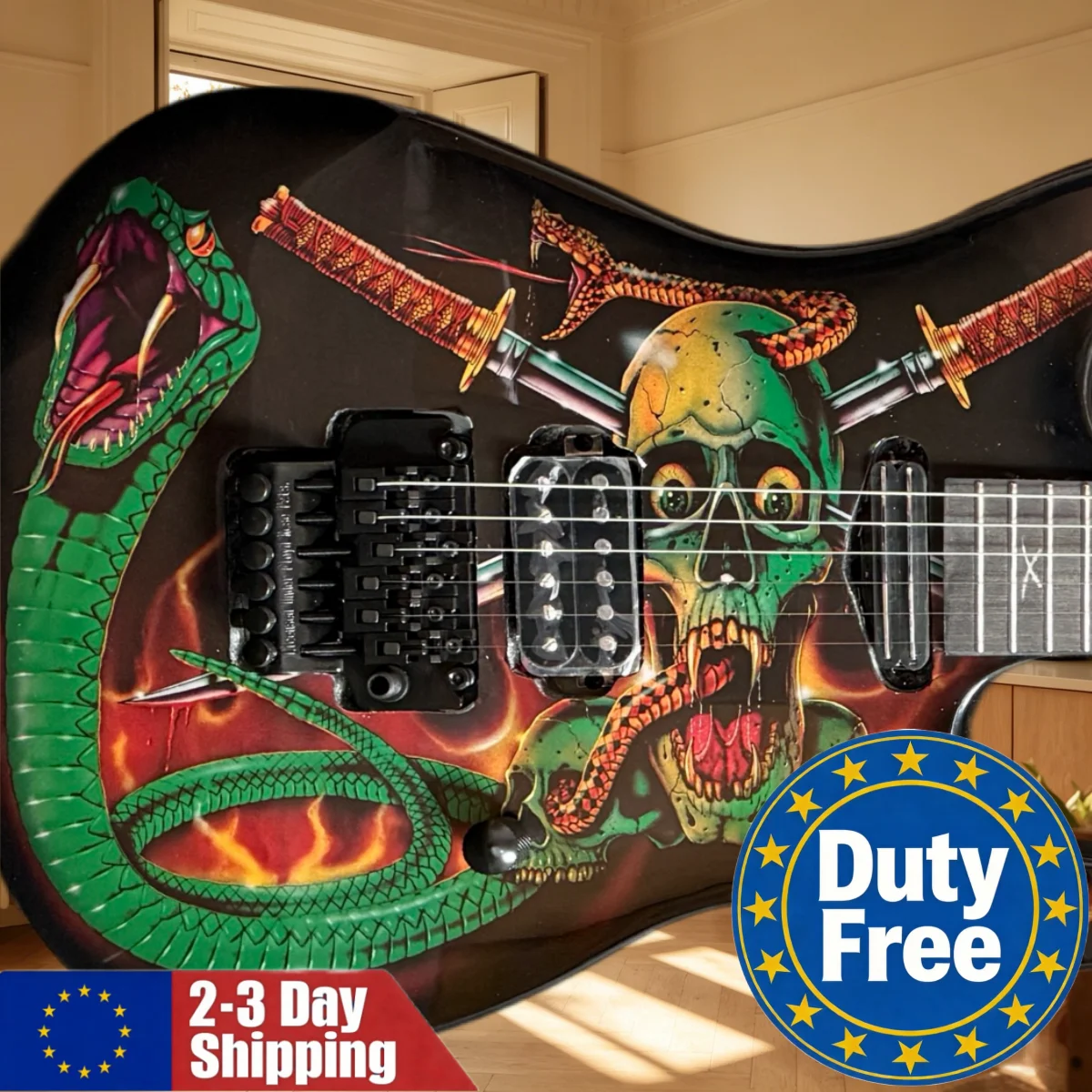 Deutsches Lager, grüne Gitarre, Hals aus Palisander, HH-Tonabnehmer, verstellbare Brücke, geeignet für verschiedene Anwendungsbereiche und Auftritte.