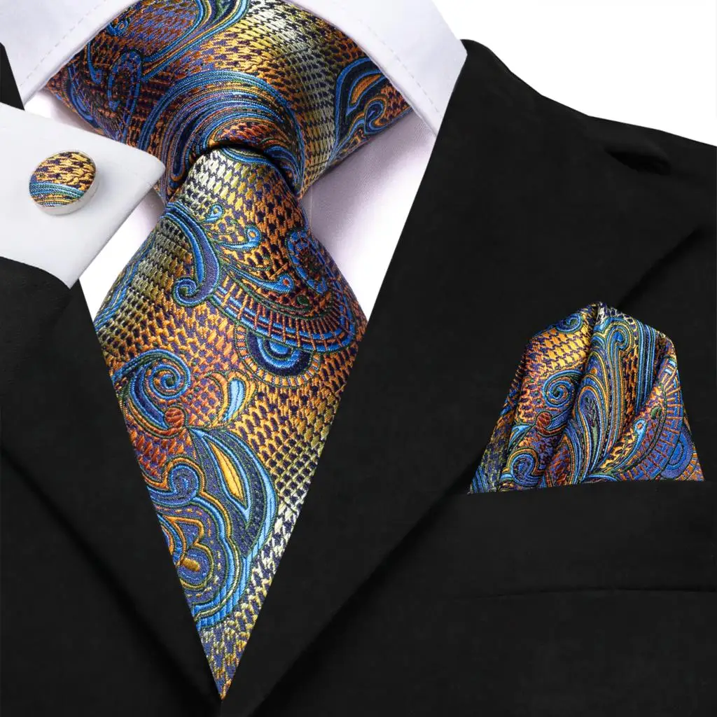 Paisley Blue Orange Silk Tie For Men Handky Cufflink Gift Mens Necktie Fashion Business Party Wedding Dropshiping Hi-Tie Design