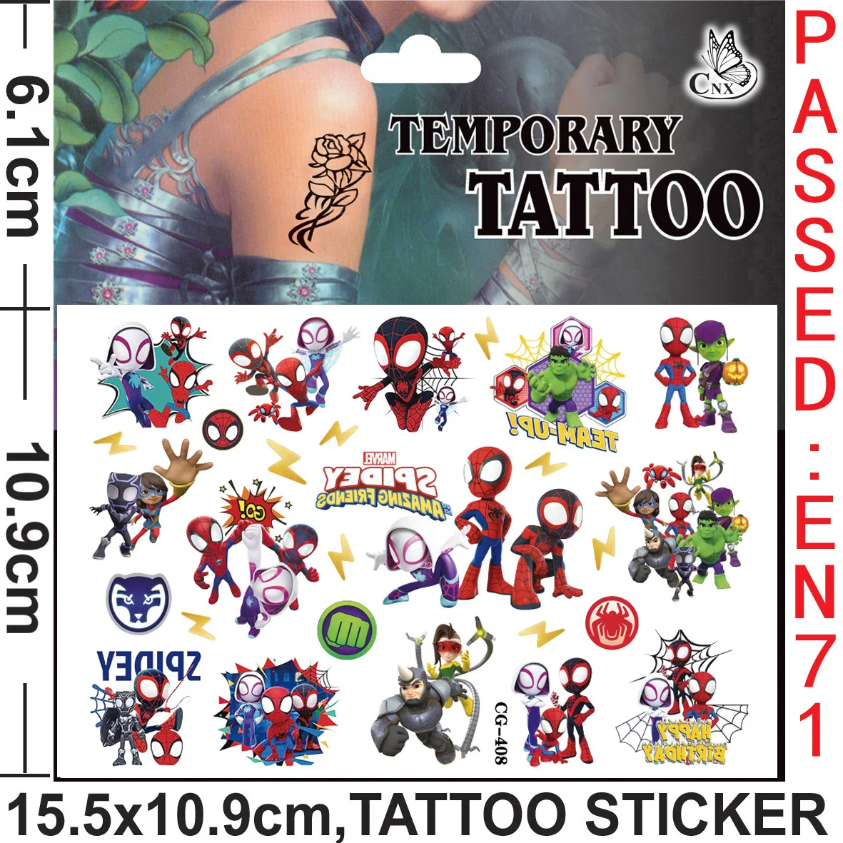 Random 2Pcs Marvel Spiderman Tattoo Stickers Disney Anime Spider-Man Cartoon Tattoo Sticker Kids Birthday Party Gifts Body Art