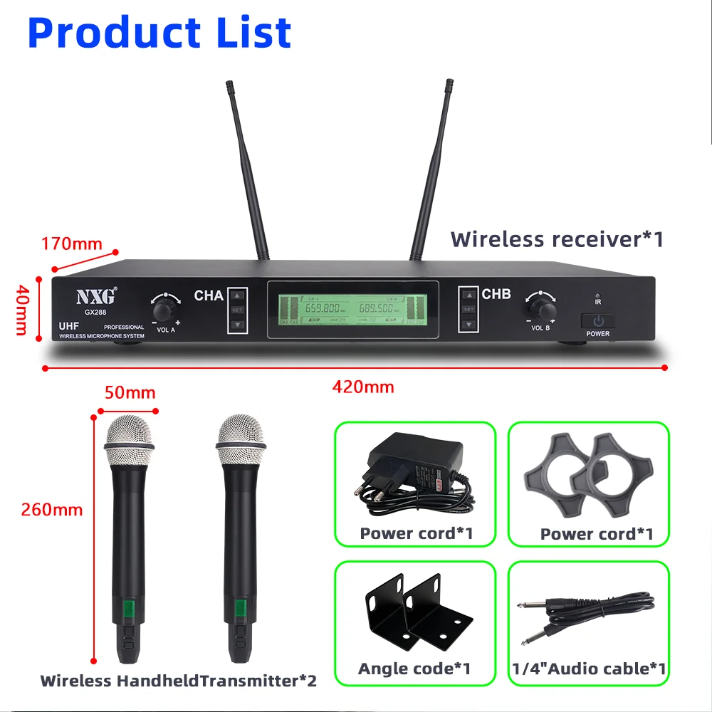 Dual Wireless Microphone System, Ultra High-Frequency True Diversity Cordless Karaoke Microphone Set, 200-Foot Metal Handheld Dynamic Microphone for Karaoke, DJ Parties, Churches, Weddings, and Speeches
