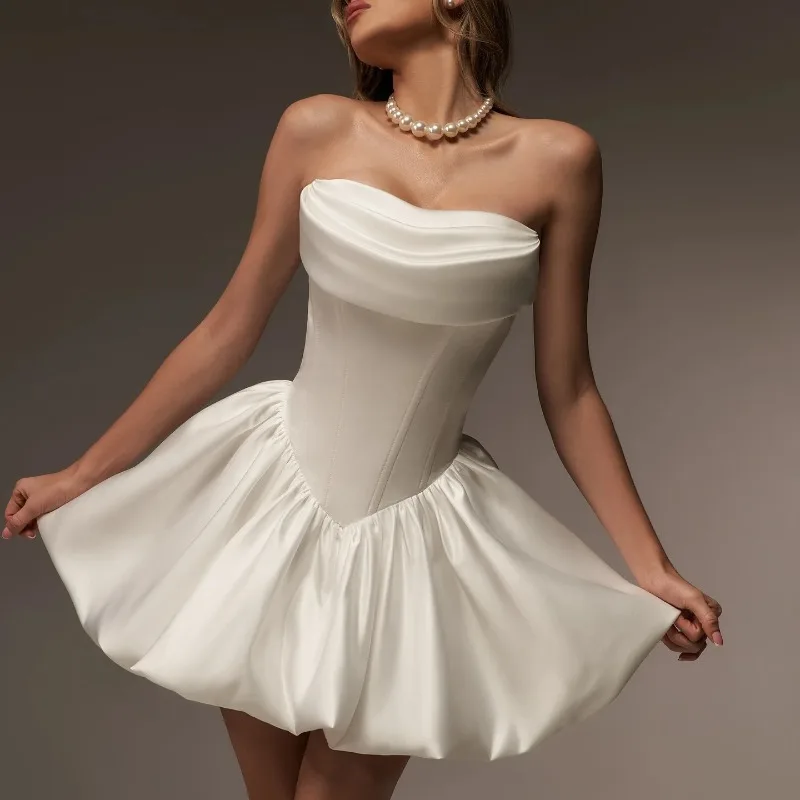 2026 Elegante trägerlose kurze Mini-Hochzeitskleider für Damen – Weißes, sexy, ärmelloses, rückenfreies A-Linien-Brautkleid, luxuriöses Partykleid, Vestidos