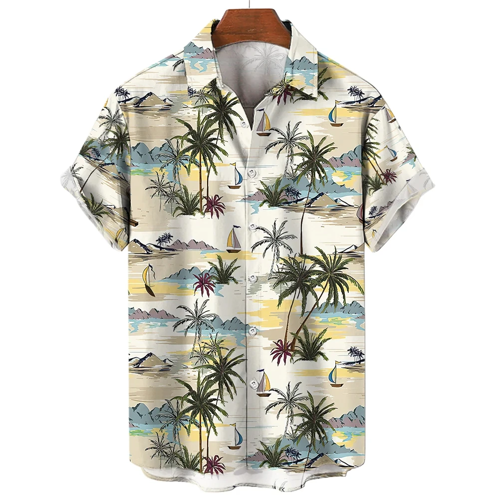 Men's And Women's Casual Fresh Plant Palm Tree Light Color Printed Shirt Pattern Design Short Sleeve Shirt Button Fashion Top