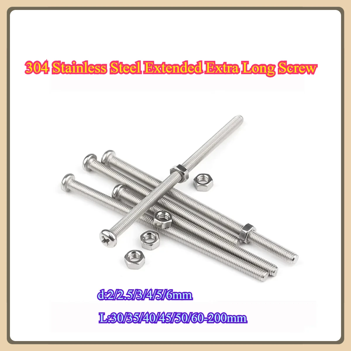 

304 Stainless Steel Extended Extra Long Screw Cross Groove Round Head Bolt And Nut Combination Set Fastener M2M3M4M5M6