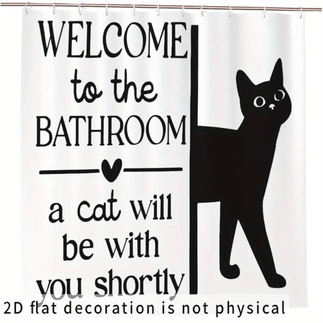 Funny Black Cat Welcome Bathroom Shower Curtain, Cute Pet Quote Print Waterproof Home Decor, Humor Bath Screen for Cat Lovers