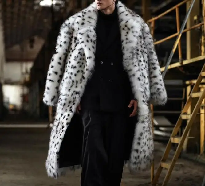 

Leopard Men Winter Thick Hooded Faux Fur Coat Jacket Long Sleeve Warm Luxury Fur Black Parkas Furry Shaggy Outerwear