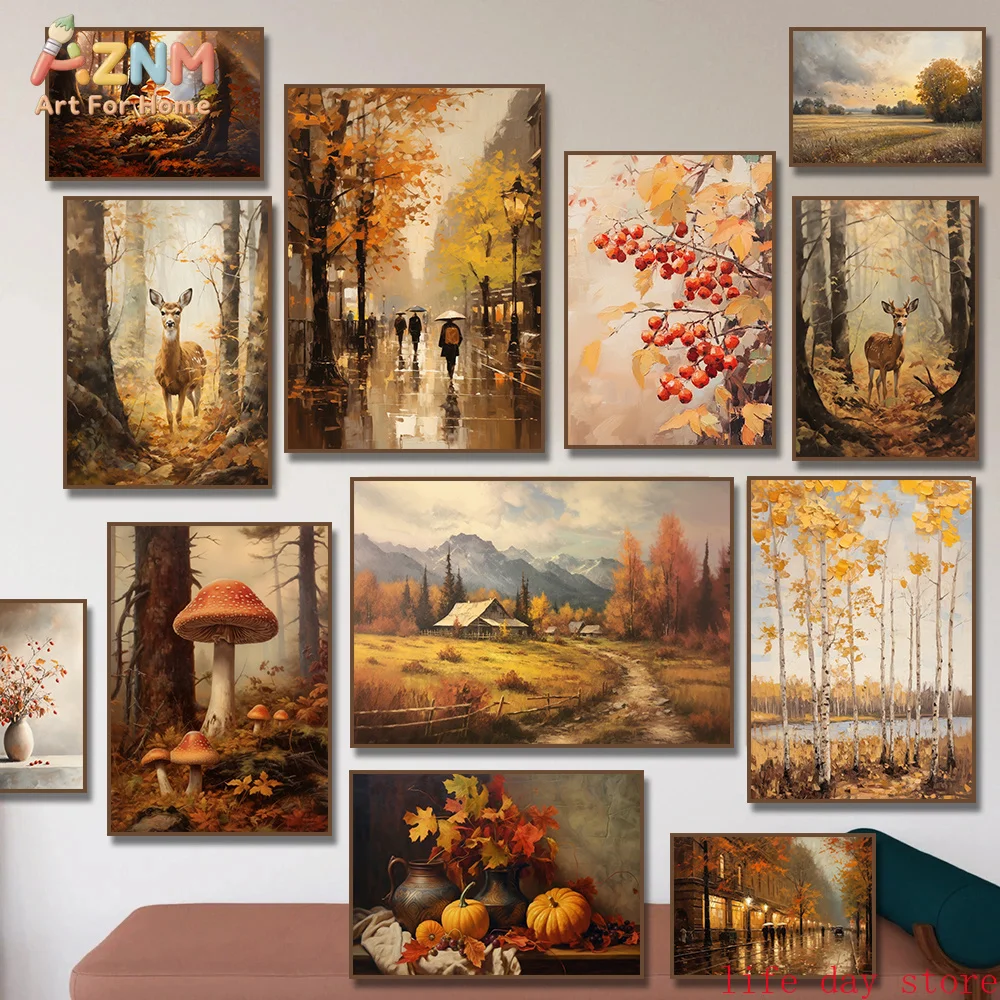 AZNM Autumn Landscape Canvas Wall Art Fall Forest Deer Pumpkin Oil Painting Print for Home Decor