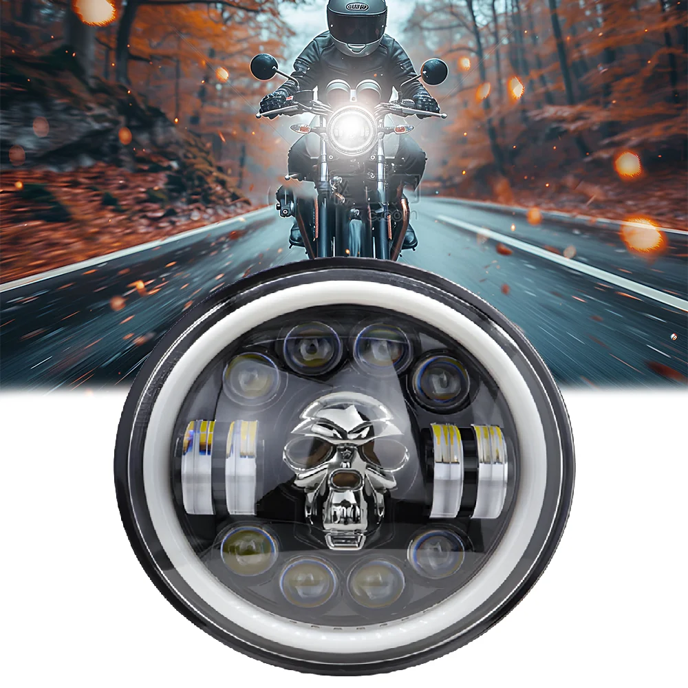 

5.75 Inch Motorcycle Front Skull Headlights Projection Lamp DRL High/Low Lamp Turn Signal 12V for Harley Headlight