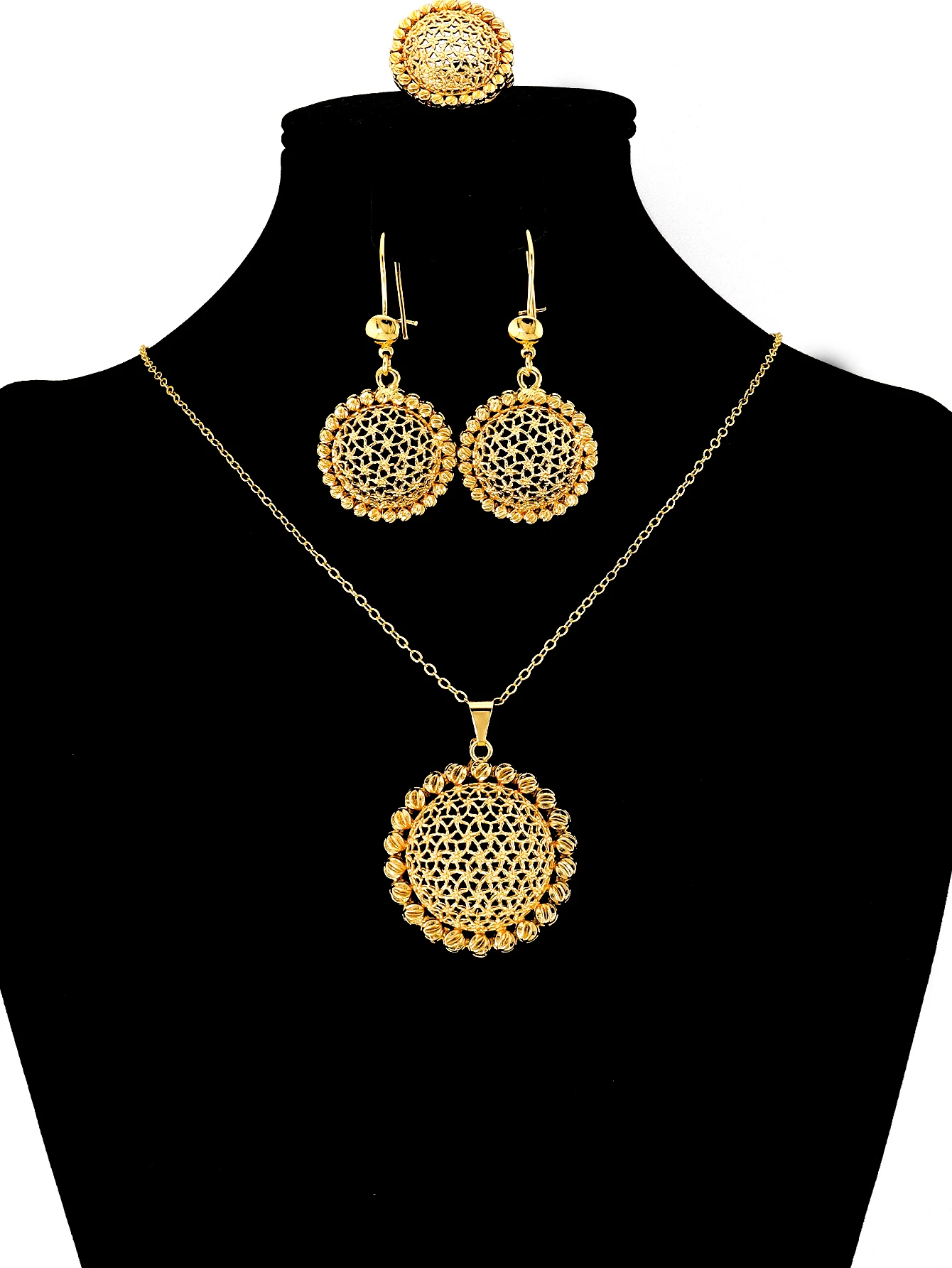 KDE Ethiopian Gold-plated Jewelry Set Women Round and Square Shaped Hollow Pendant Necklace Earrings African Arab Birthday Party