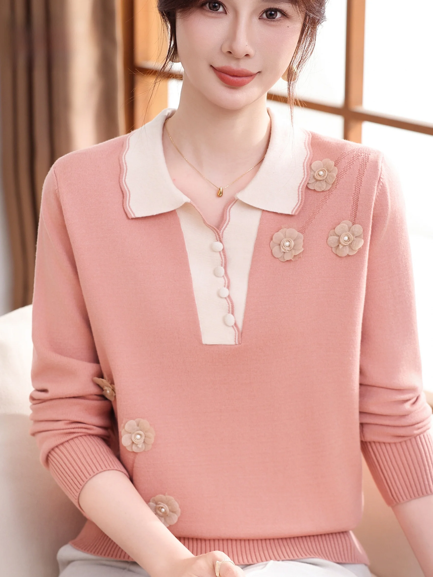 

Весенне-осенний свободный вязаный свитер с вышивкой и откидным воротником для женщин среднего возраста, модный базовый топ...