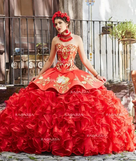 

Красные платья Charro Quinceanera, бальное платье, милое платье из органзы с оборками и аппликациями, пышные мексиканские милые платья 16, 15 Anos