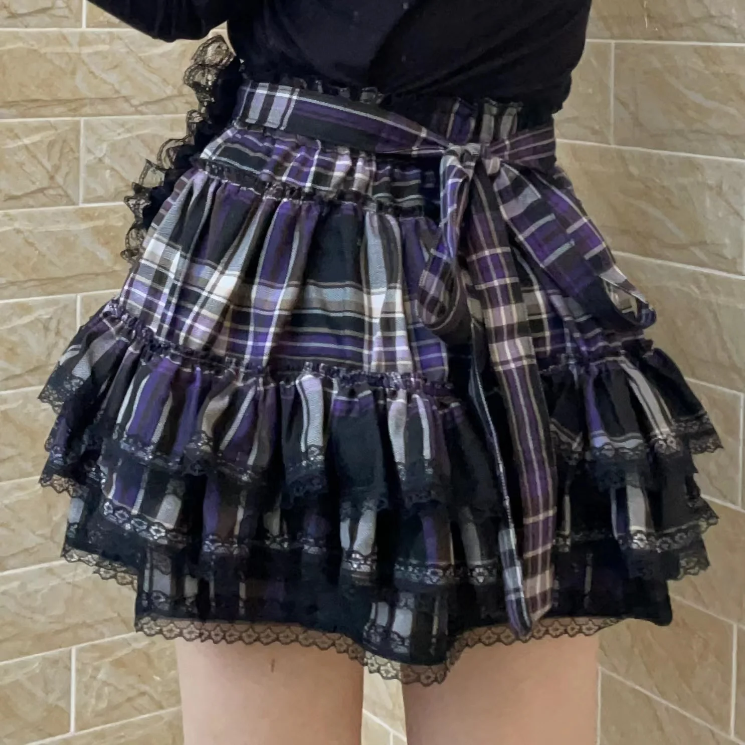 Ruibbit Gothic Punk Japanese Hotsweet Lolita Lace Cake Purple Plaid Skirt Hot Girl Harajuku Pleated Y2k Skirt Women Mini Skirts