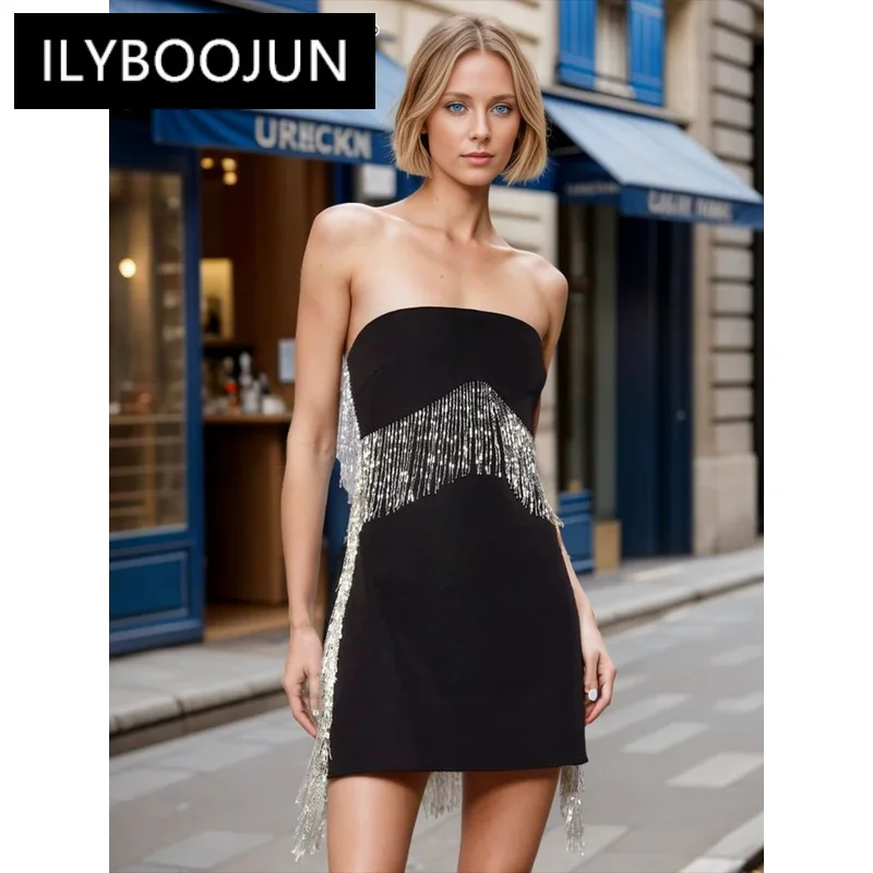 

ILYBOOJUN Solid Spliced Chain Slim Minimalist Dresses For Women Strapless Sleeveless High Waist Temperament Mini Dress Female