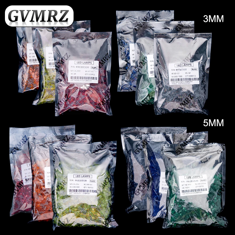 1000PCS 3mm 5mm LED Diode Indicator Assorted Colors Round & Straw Hat Short Lead Electronic Component