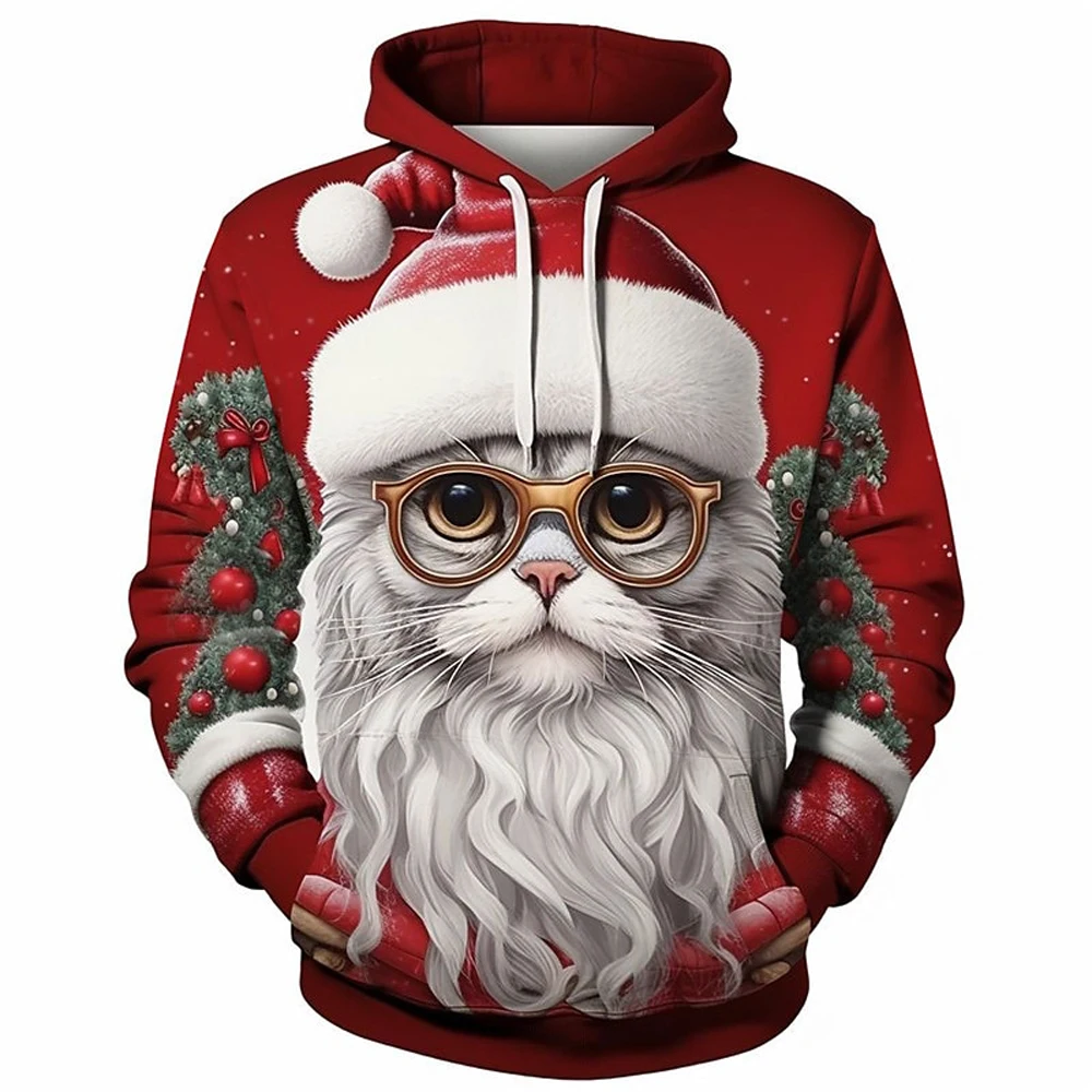 

Boutique Men's Christmas Cute Kitten Print Hoodie Men's Fashion Crewneck Top Men's Winter Warm Hoodie Men's Street Casual Wear