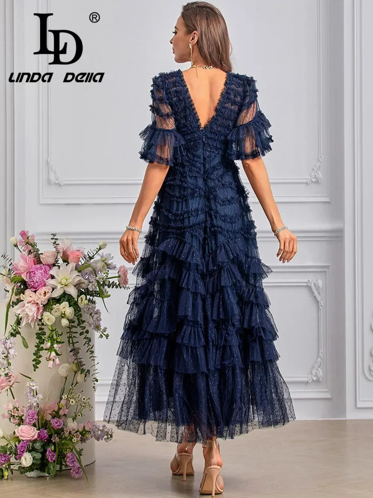 LD LINDA DELLA Summer Runway Fashion Dresses Women\'s Vintage Polka Dot Print Net Yarn Cascading Ruffle Backless Sexy Dresses