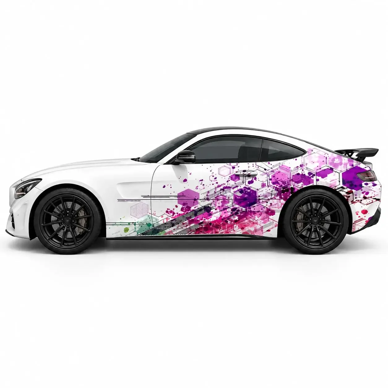 Purple Hexagon Splatter Car Wrap Vinyl Decal, Full Body