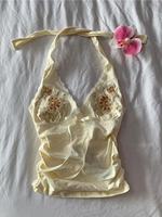 Summer Sweet Chic Design Lace Spliced Halter Tanks Slim Fit Flower Prints Hotsweet Backless Women Blouses Korean Fashion