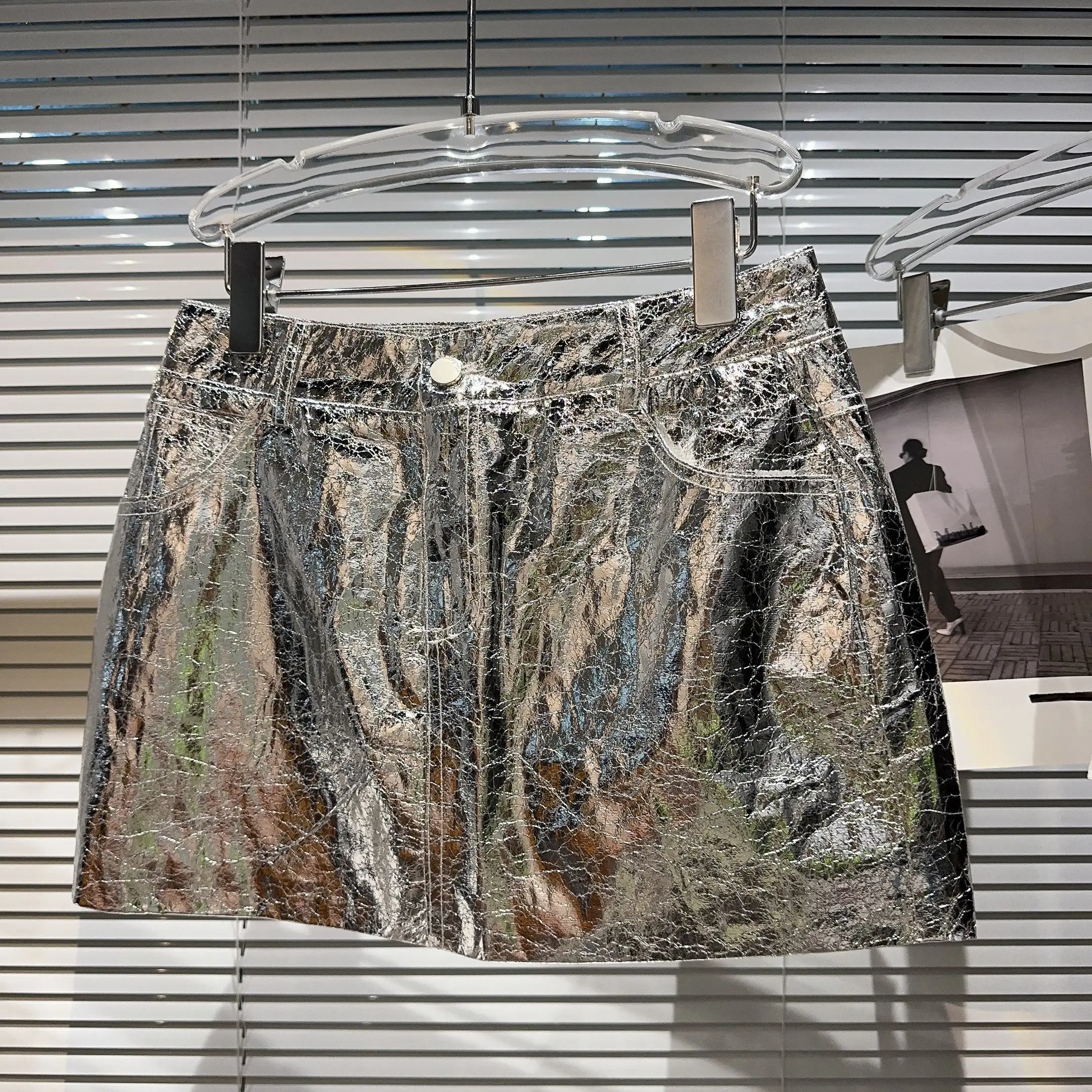 

Trendy Liquid Metal Tin Paper Silver Skin Texture ort Skirt Bodycon for Par Women's Faion Spring Collection