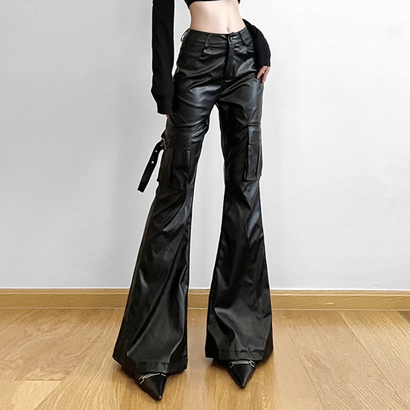 American Locomotive Style Asymmetrical Metal Buckle PU Leather Pants, Women's High Waisted Slim Fit Wide Leg Flared Pants Trend