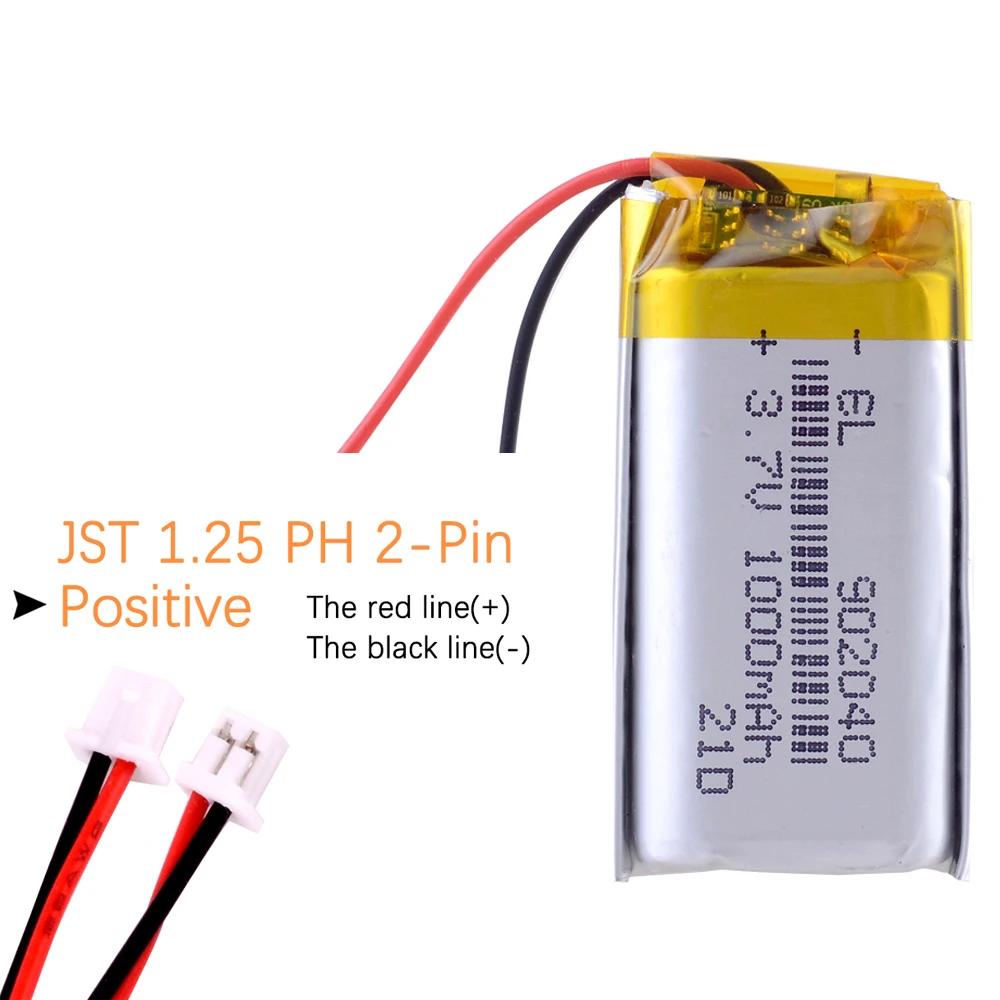 JST 1.25mm 2pin 902040 3.7V 1000mAh Lithium Polymer LiPo Rechargeable Battery