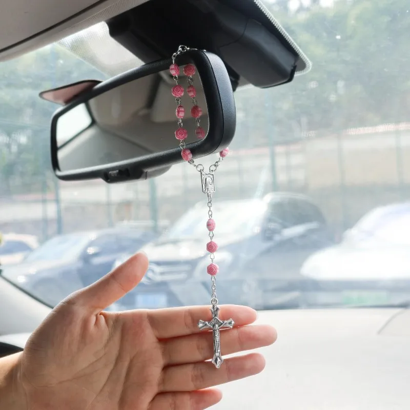 Car Rosary with Mirror Rearview Mirror Beads Rose Medal Simple Pink Rose Cross Car Interior Decor Cross Hanging Accessories