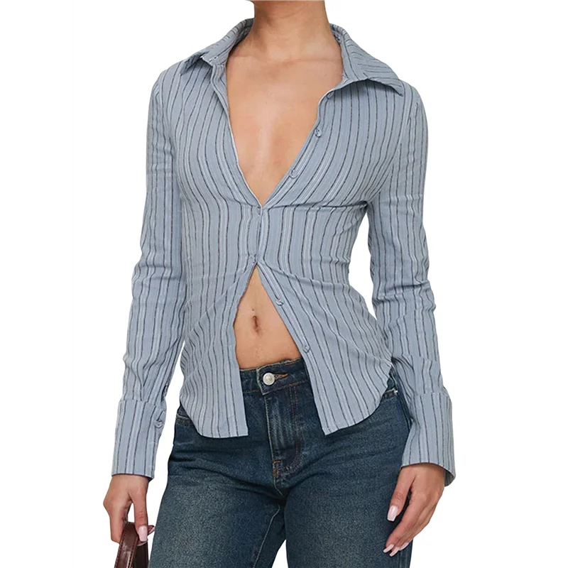 

AG-Women's Slim Fit Blue Striped Long Sleeve V-Neck Button Down Work Blouse Casual Lapel Short Tops M