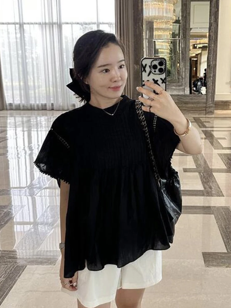 Chic été ample rond Ne plissé Ba bouton unique Fly Sve irt haut pour femme trajet Sle ort Sve