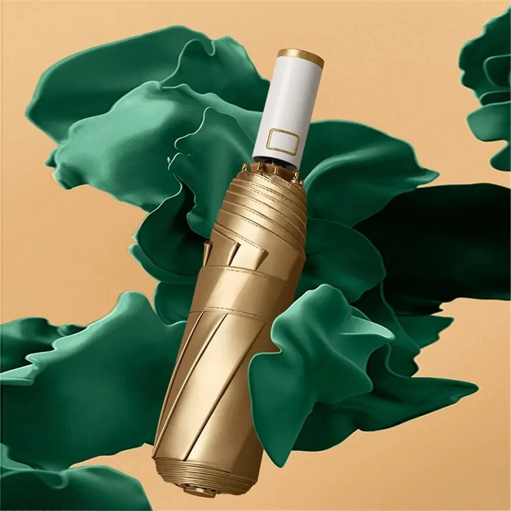 3 Folding Automatic Umbrella Simple Solid Color Windproof 8 Bone Gold UV Protection Sunshade Umbrella Portable Rain Gear