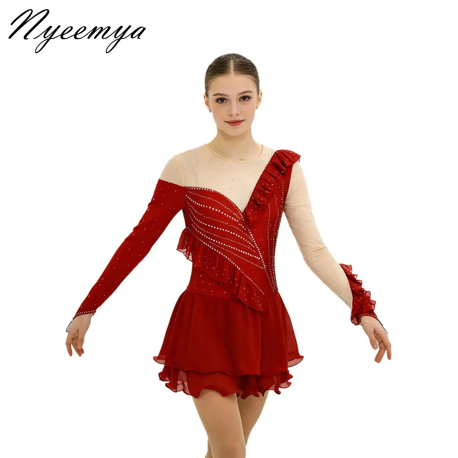 

Women Latin Modern Dance Leotard Dress Rhinestone Mesh Ruffled Trims Leotard Jumpsuit Dress for Ballet Lyrical Performance