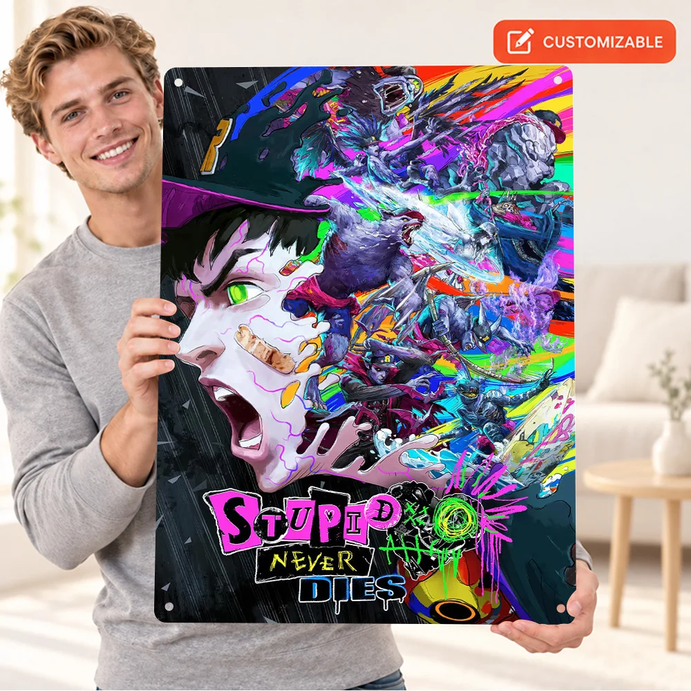 Stupid Never Dies Textured Metal Poster Personalized Aluminum Sign Colorful Undead Character Collage Wall Art For Game Lounge
