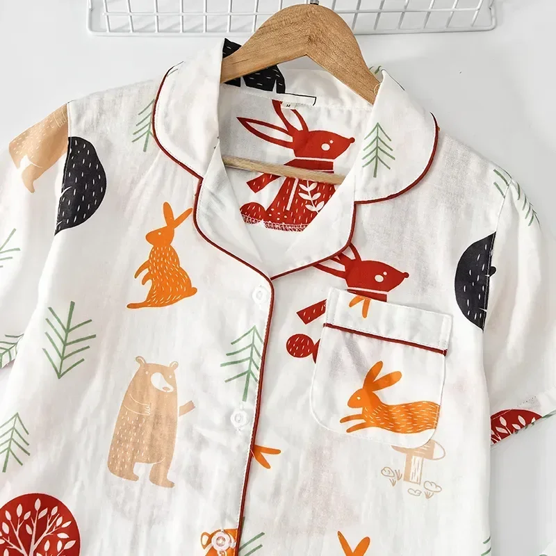 Pijamas con mangas para mujer, conjuntos cortos sencillos de dibujos animados, ropa de dormir 100% de algodón, ropa de casa bonita japonesa