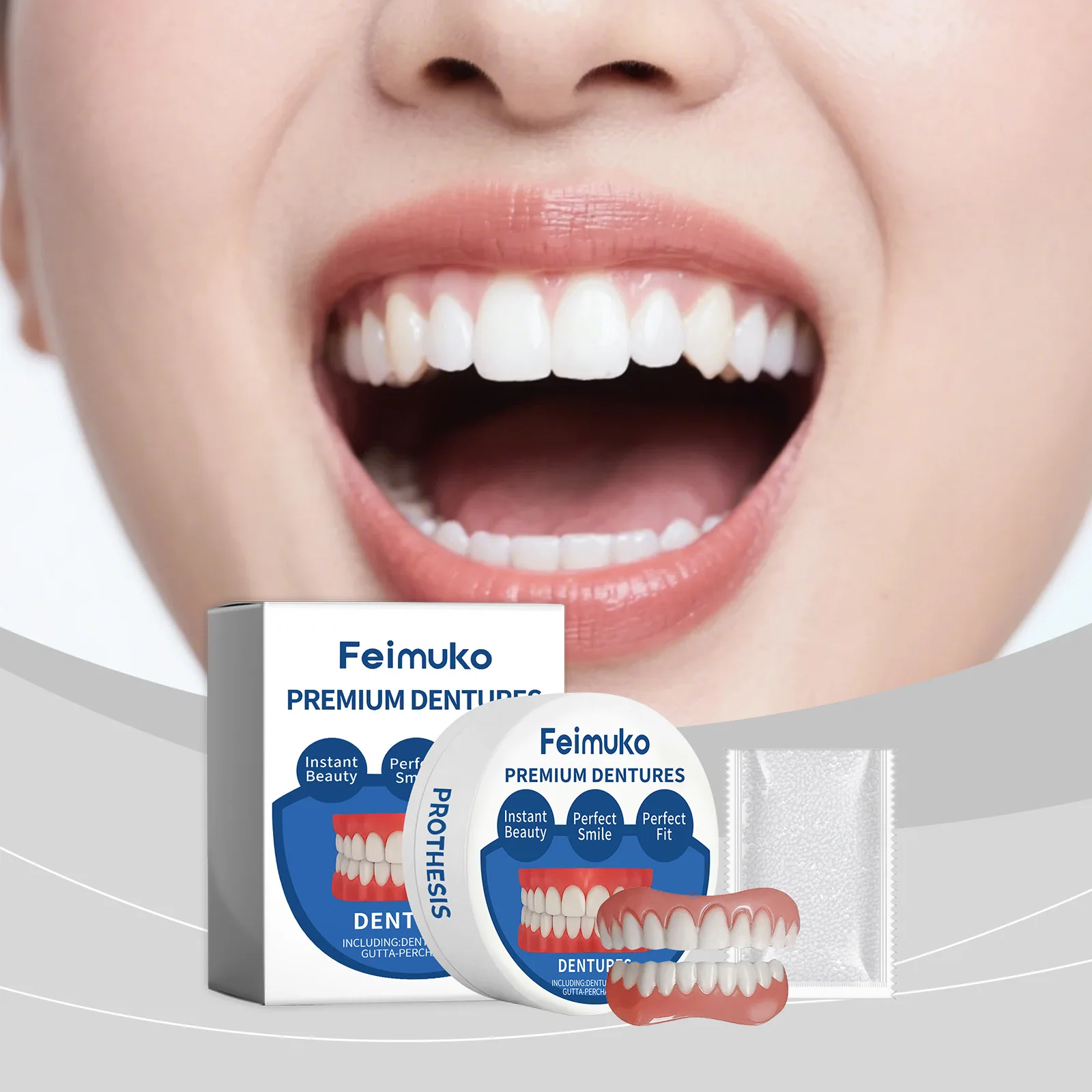 Feimuko Upper Lower Dentures Kit Veneers Fitting Material Perfect Comfortable Smile Reusable Comfortable Fit False Teeth Set