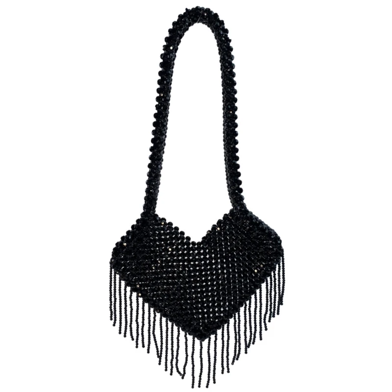 

Meet You Heart-shaped Black Acrylic Beaded Evening Bag Fashion Handmade Tassels Shoulder Bag Party Wedding Dance Clutches Purses